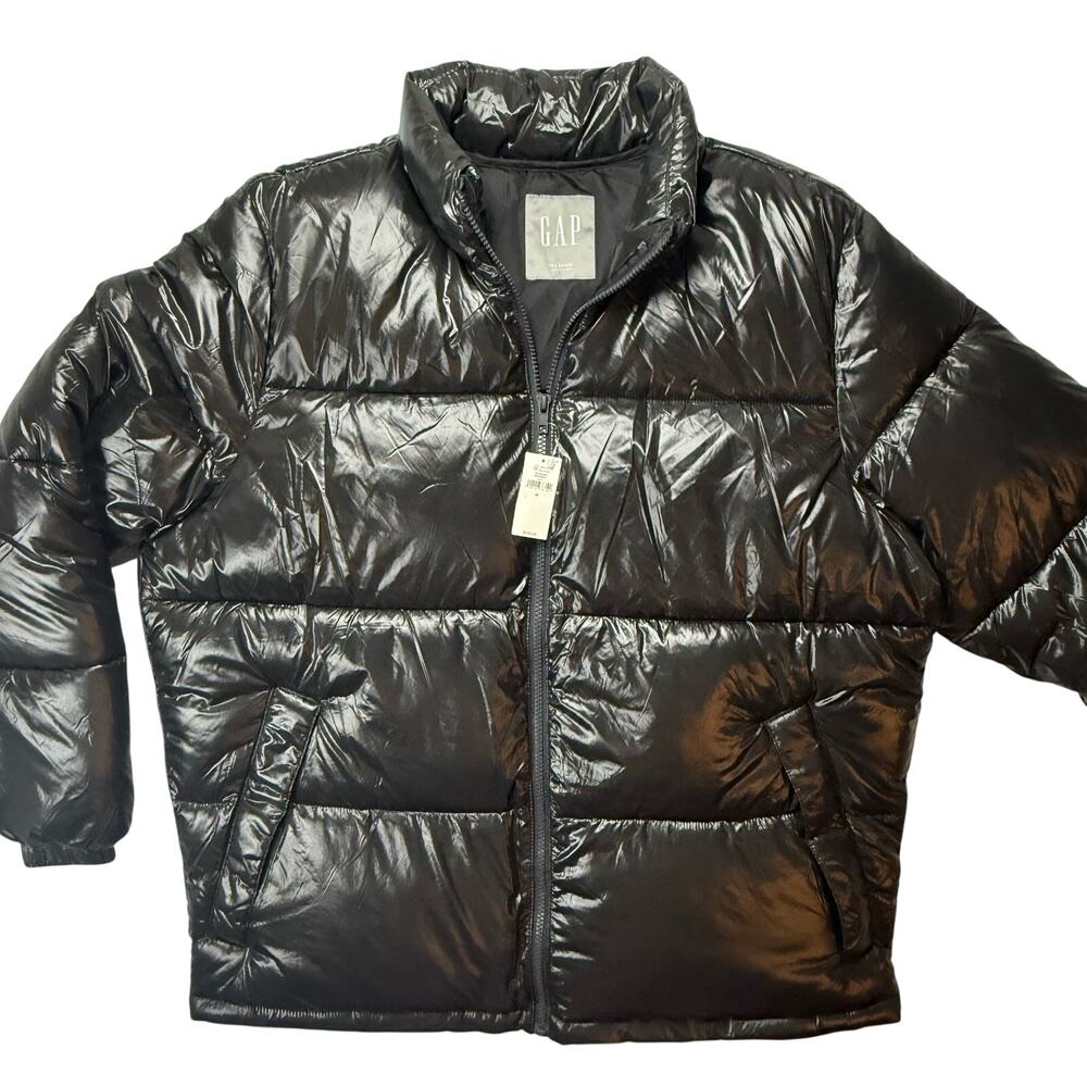 NEW GAP Men’s Sz Medium Puffer Jacket Black Shine Lightweight Recycled Material - Picture 2 of 9